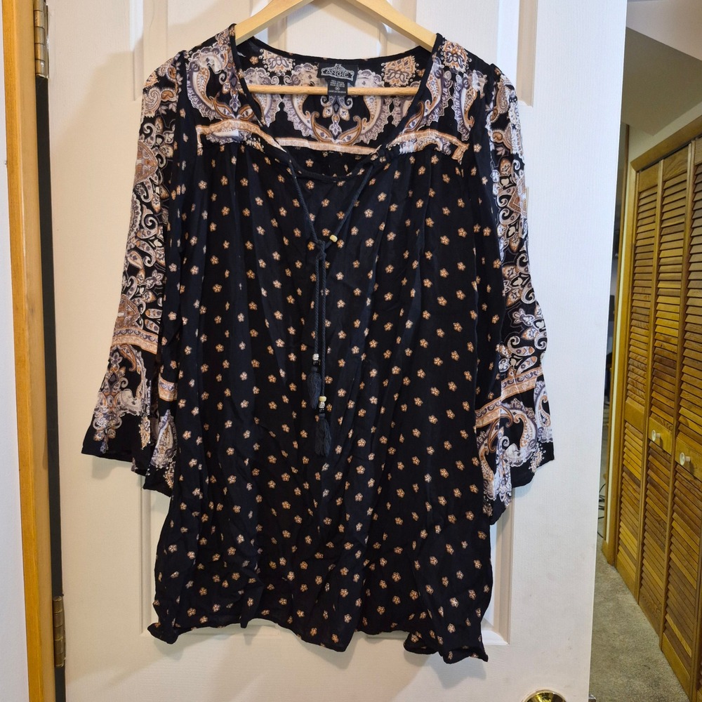 Angie Womens Black Paisley Floral‎ Boho Peasant Dress 3/4 Bell Sleeve Tassels M